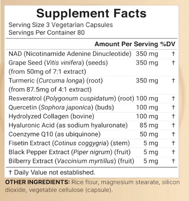 NAD+ 1500mg, com Resveratrol Plus Ácido Hialurônico, Quercetina, Fisetina e Colágeno, 240 Cápsulas, NatureBell