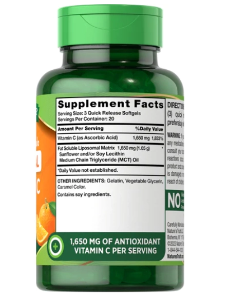 Vitamina C Liposomal, 1650mg, 60 cápsulas softgel, Nature's Truth