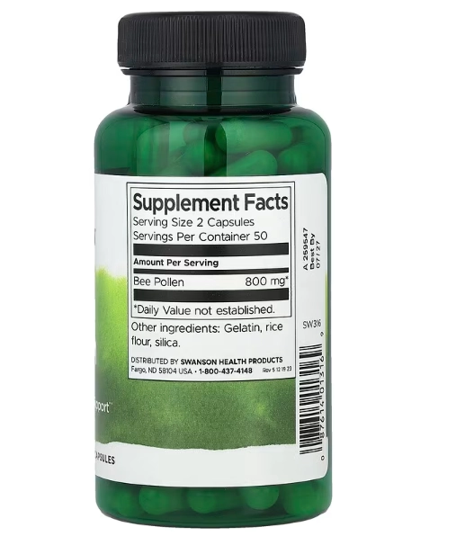 Bee Pollen, Pólen de abelha 800mg, 100 cápsulas, Swanson