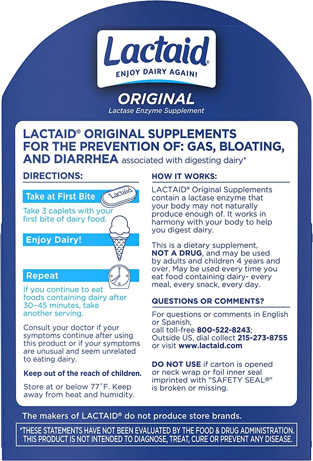 Suplemento Lactaid Original, 120 capsulas mastigáveis.