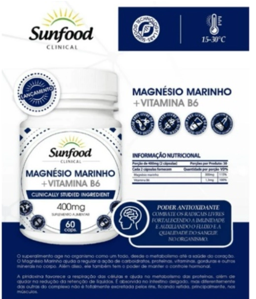 Magnésio Marinho + Vitamina B6, 400mg, 60 Capsulas, Sunfood 