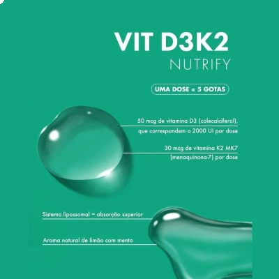 Vitamina D3+k2 Em Gotas, Sabor Limão e Menta, 20ml - Nutrify
