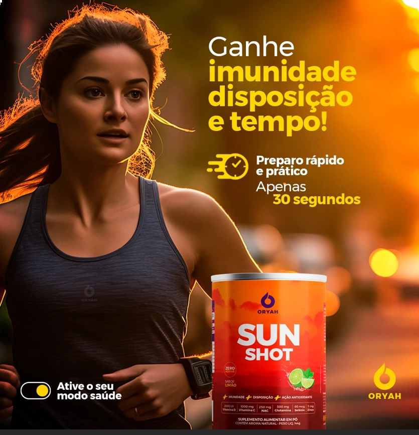 Shot Matinal Sunshot, com Vitaminas D, C e E,  NAC e Glucosamina, Sabor Limão,  144g, Oryah