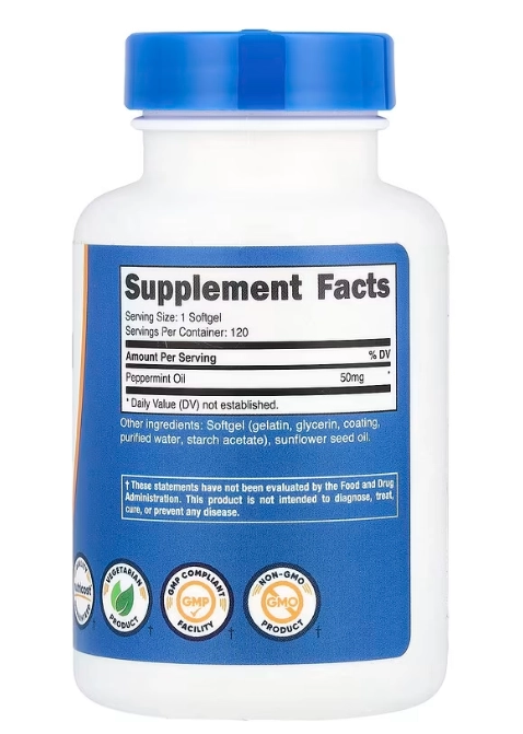 Peppermint Oil, Óleo de Hortelã-Pimenta 50mg, 120 Cápsulas, Nutricost