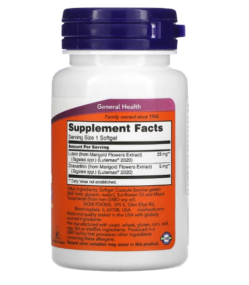 Luteína 25mg e Zeaxantina 5mg, 60 Softgels, Now
