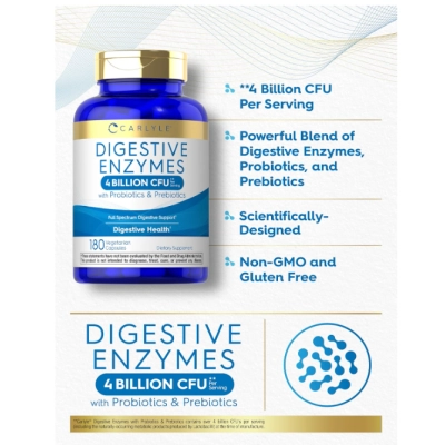 Enzimas Digestivas com Probióticos e Prebióticos, 4 Bilhões de UFCs, 180 Cápsulas, Carlyle