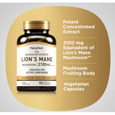 Lions Mane 2100mg, Cogumelo Juba de Leão, 90 Cápsulas, PipingRock