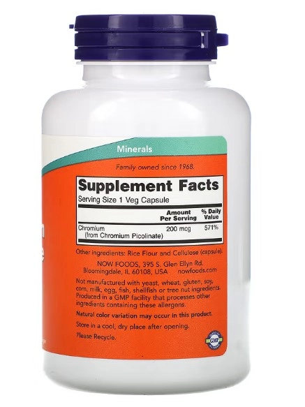 Picolinato de Cromo, 200mcg, 100 Cápsulas Now,