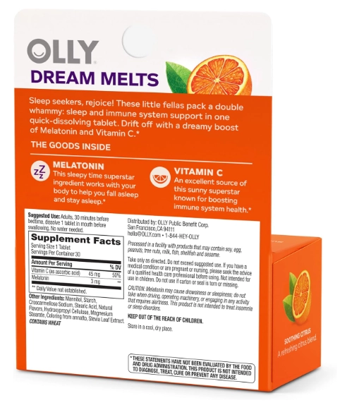 Immunity Sleep, Melatonina 3mg Com Vitamina C, 30 Comprimidos Fast Dissolve, Sabor Citrus, OLLY