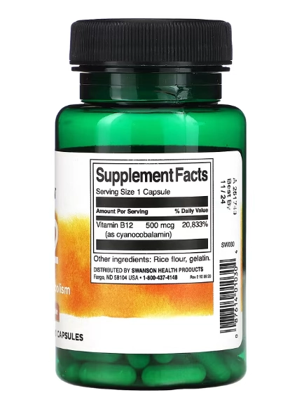 Vitamina B12, 500mcg, 100 Cápsulas, Swanson