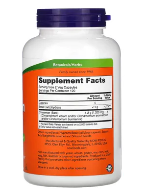 Cinnamon Bark (Casca de Canela), 600mg, 240 Cápsulas, Now