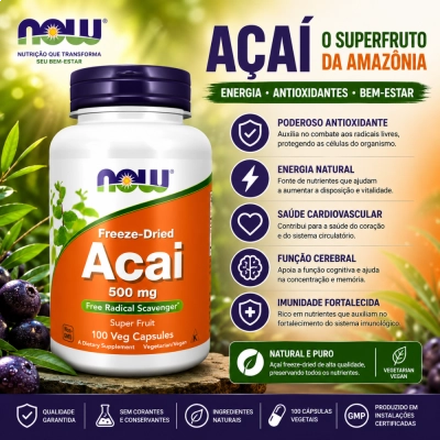 Açaí 500mg, Energia, Vitalidade e Antioxidantes Naturais, 100 Cápsulas, NOW