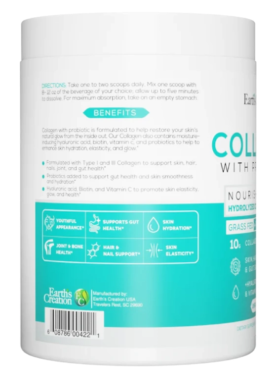 Peptídeos de colágeno hidrolisado com probióticos, Sem Sabor, 275g, Earth's creation