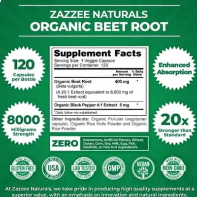 Organic Beet Root, 8000Mg, 120 Cápsulas, Zazzee
