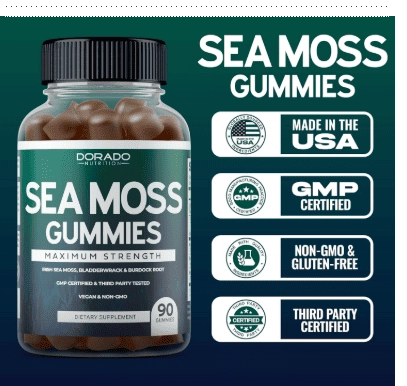 Sea Moss, Musgo Irlandês 3000mg com Bladderwrack,  90 Gomas, Dorádo