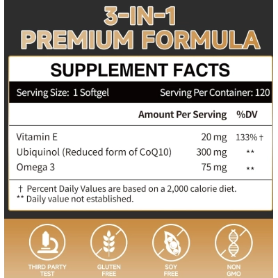 Ubiquinol CoQ10 300mg, com Vitamina E &amp; Ômega 3, 120 Cápsulas, Cozynol