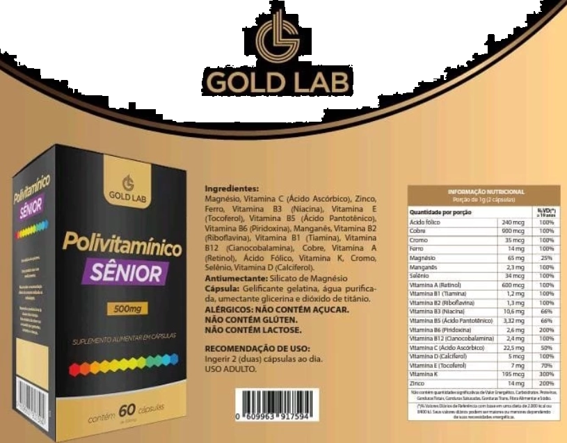 Polivitamínico AZ 500mg Senior, 60 Cápsulas, Gold Lab