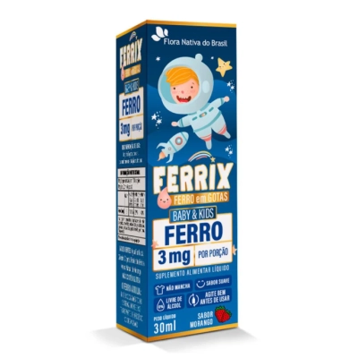 Kit 3 Unidades, Ferrix Ferro Kids, 30ml Sabor Morango, Flora Nativa do Brasil