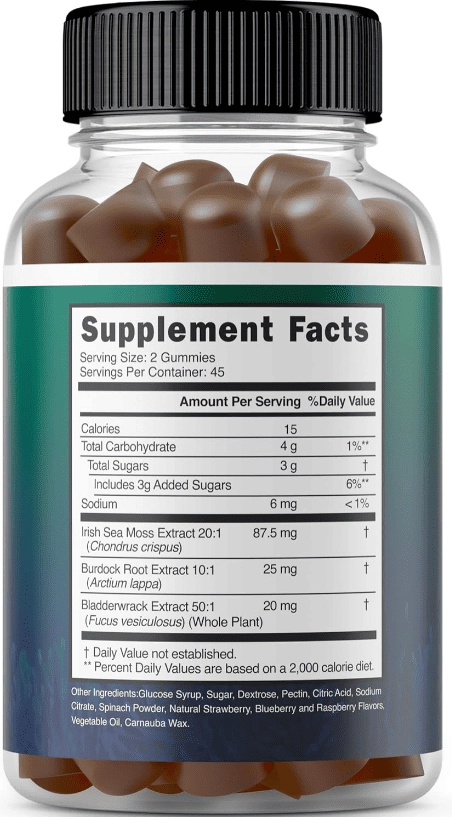 Sea Moss, Musgo Irlandês 3000mg com Bladderwrack,  90 Gomas, Dorádo