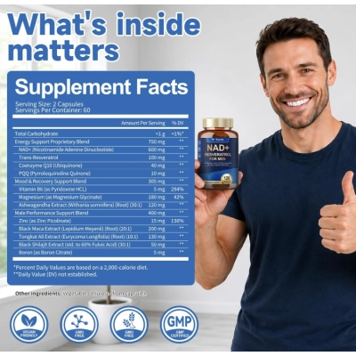 NAD+  com Trans-Resveratrol  para Homens, 120 Cápsulas, Totaria Health