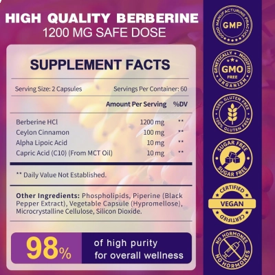 Berberine HCL, 1200mg, 120 Cápsulas, Zebora