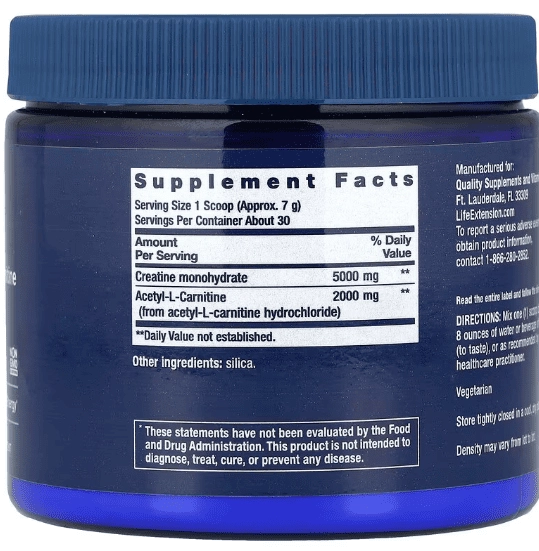 Creatina e Acetilcarnitina, Energy Plus, 233g, Life Extension