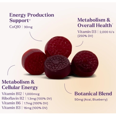 Ultra Energy 4 em 1, com B12, Complexo B, Vitamina D e CoQ10, 60 Gomas Sabor Mirtilo, Natrol 