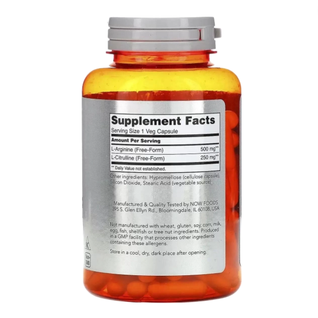 Arginina e Citrulina, 500mg e 250mg, 120 Cápsulas, Now