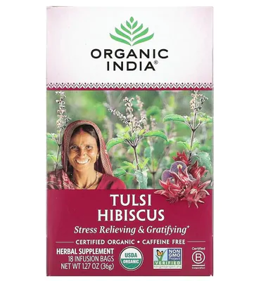 Chá Tulsi, Hibisco, Sem Cafeína, 18 Saquinhos, Organic India