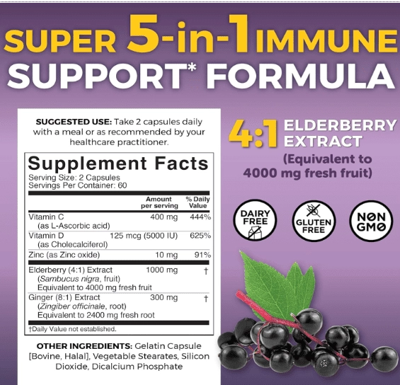 Elderberry, Sabugueiro Preto Sambucus, Com Vitamina C e D + Zinco, 120 Cápsulas, Viva Naturals