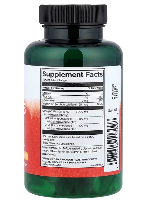 Omega-3 1000mg, Fish Oil com Vitamina D,   60 Cápsulas Sabor Limão, Swanson