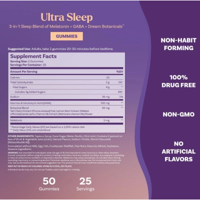 Ultra Sleep 3 em 1, Melatonina  5mg, Gaba e Extratos Botânicos, 50 Gomas Sabor Morango, Natrol 