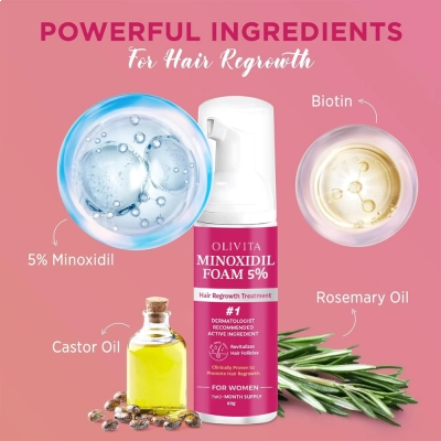 Minoxidil Foam 5%, Tratamento para Crescimento Capilar Feminino, 3x 60ml, Olivita