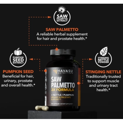 Saw Palmetto 3x Formula, com Extrato de Urtiga e Semente de Abóbora, 120 Cápsulas, Havasu Nutrition