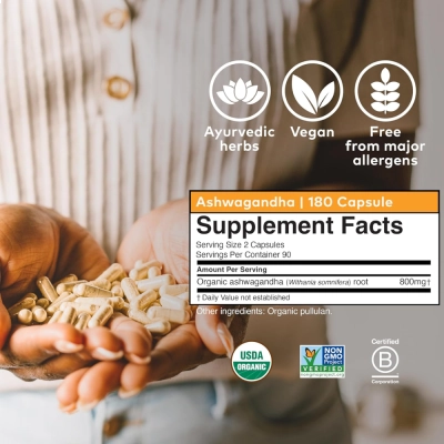 Ashwagandha 800mg, Redução do Estresse, Energia e Equilíbrio Diário, 180 Cápsulas, Organic India