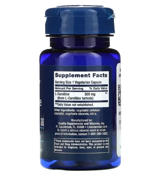 L-Carnitina, 500mg, 30 Cápsulas, Life Extension