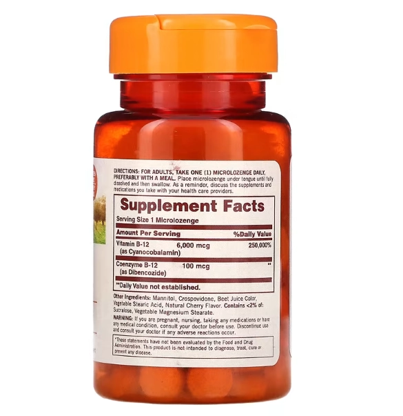 B-12 Solúvel, Sabor Cereja, 6000mcg, 60 Pastilhas, Sundown