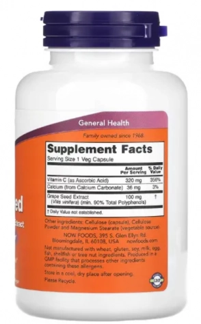 Grape Seed, Semente de Uva, Extrato Padronizado, 100mg, 100 Cápsulas, Now