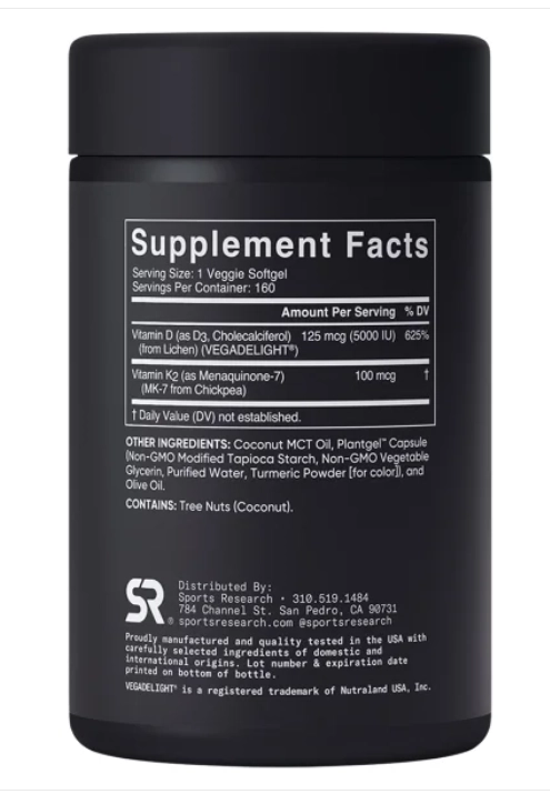 Vitamina D3 5000IU  + K-2 MK-7 100mg,  160 Cápsulas, Sports Research