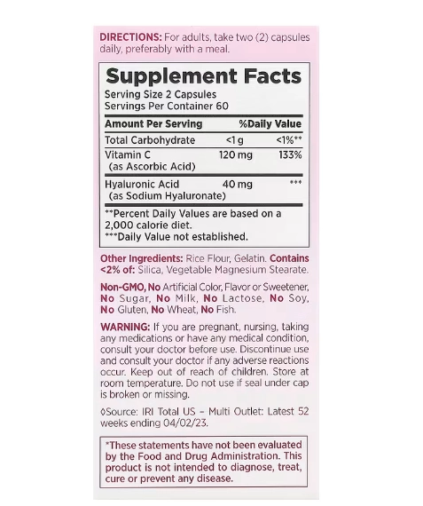 Ácido Hialurônico com Vitamina C, 120 Cápsulas, Nature's Bounty