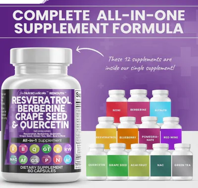 Suplemento de Polifenol, Resveratrol 6000mg, Berberina, Semente de Uva, Quercetina e Extrato de Chá Verde, 60 cápsulas, 