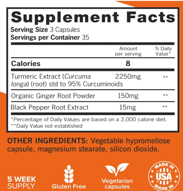 Cúrcuma 2400mg e Gengibre 150mg, Com Pimenta preta, Suporte para articulações, 105 Cápsulas, Qunol