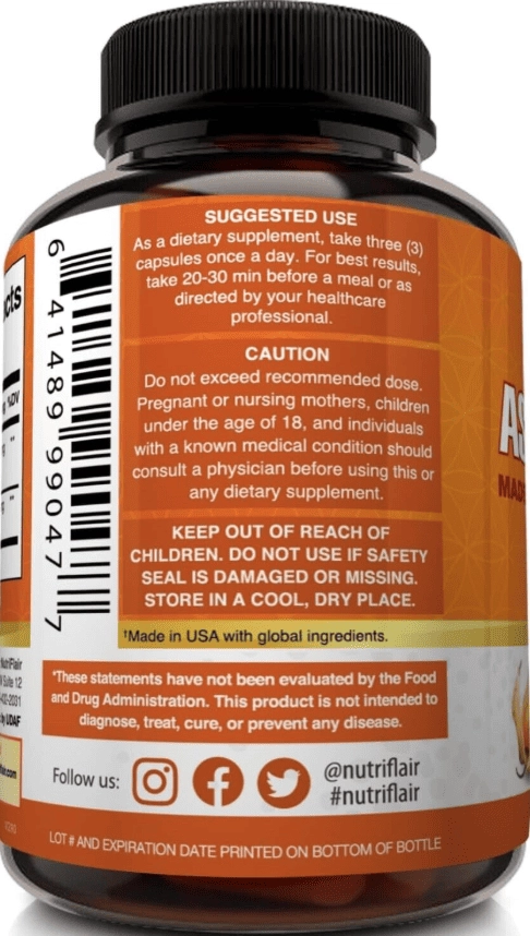 Ashwagandha Orgânica 1950mg, 180 Cápsulas, Nutriflair