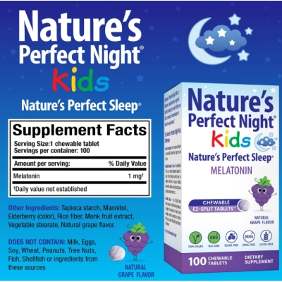 Melatonina 1mg Kids, 100 Comprimidos Mastigáveis Sabor Uva, Nature's Perfect Night