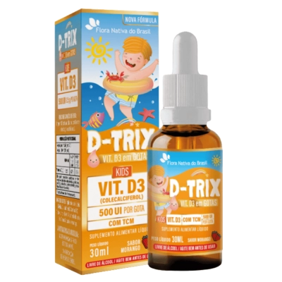 Kit 3 Unidades, D-trix Vitamina D3 500UI por Gota, Sabor Morango 30ml - Flora Nativa do Brasil