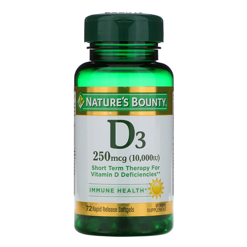 Vitamina D3 250mcg (10.000IU), 72 Cápsulas de liberação rápida, Nature's Bounty