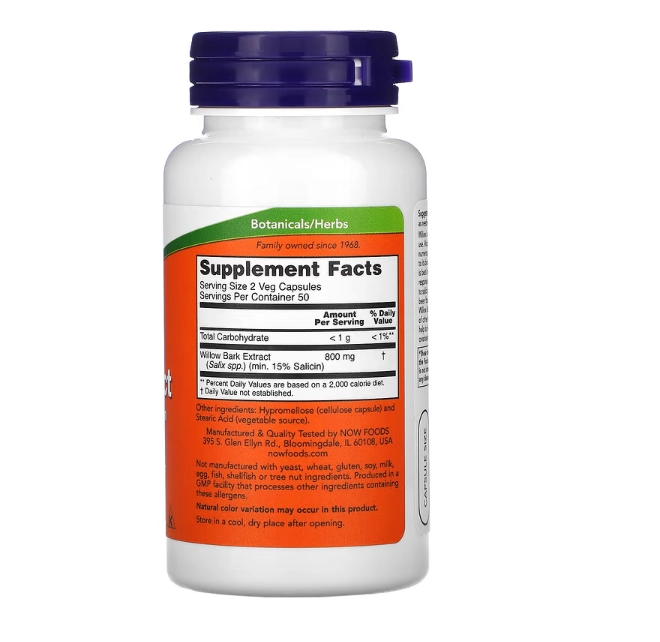 Extrato da Casca de Salgueiro, 400 mg, 100 Cápsulas, Now