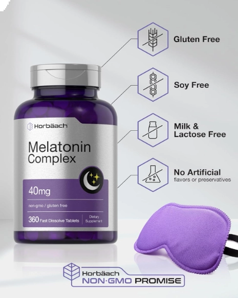 Complexo de Melatonina 40mg, com Camomila e Ashwagandha, 360 Comprimidos de Dissolução Rápida, Horbaach 