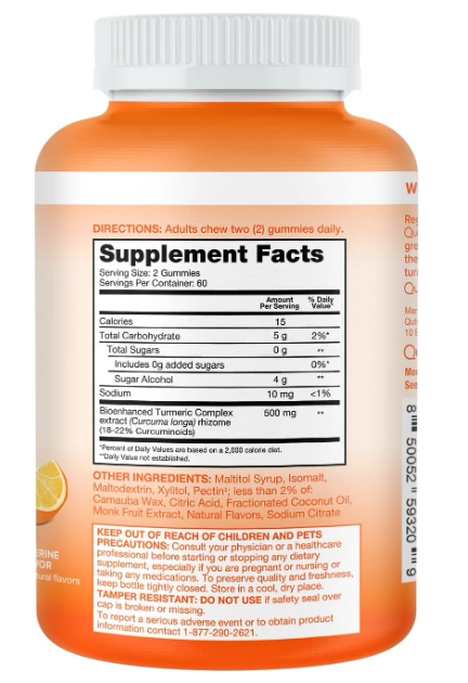 Turmeric, Cúrcuma 500mg, 120 Gomas Sabor Tangerina Zero Açucar, Qunol
