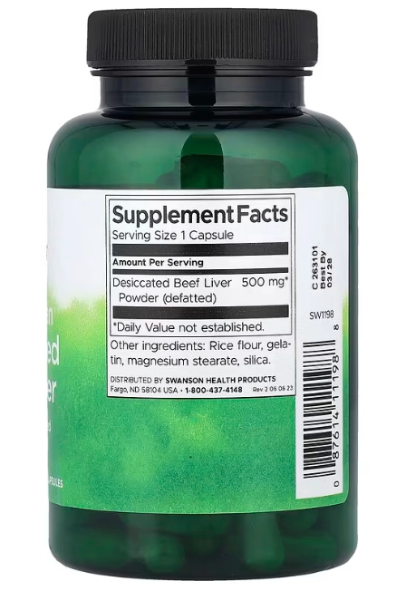 Desiccated Beef Liver 500mg, Fígado de Boi Desidratado Argentino, 120 Cápsulas, Swanson